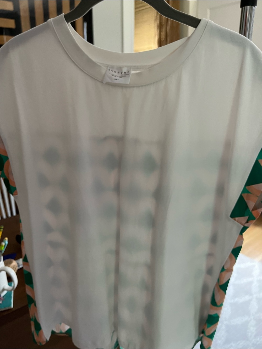 Sheer White Blouse with Geometric Green & Tan Sleeves
